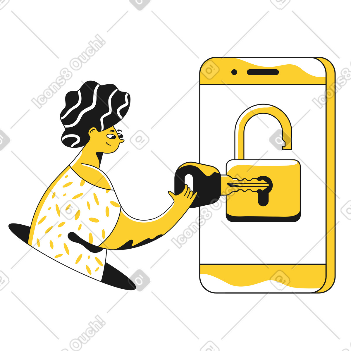 Иллюстрация Женщина открывает свой смартфон ключом в стиле Taxi — скачать в форматах PNG, SVG