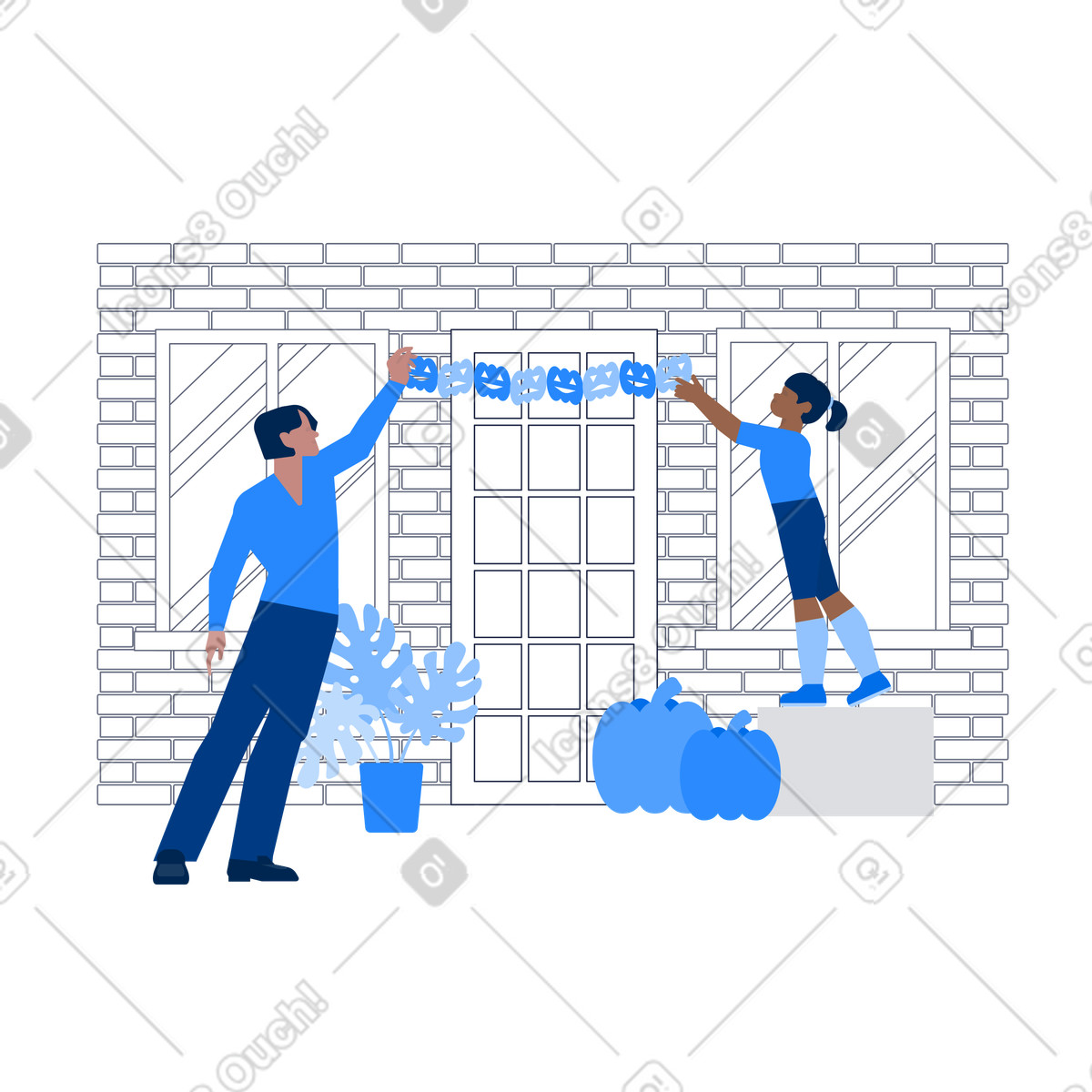 Urban スタイルの Dad and daughter decorating home exterior with Halloween props, Holiday preparation のイラストをPNG、SVG形式でダウンロード