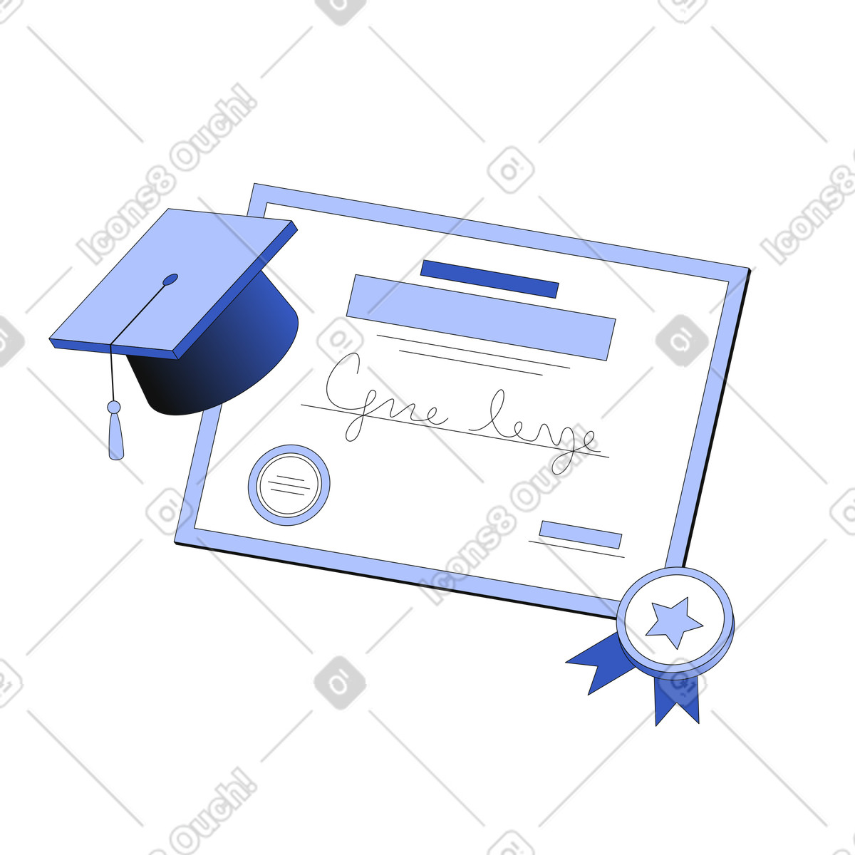 Certificate, medal and graduation cap illustration in Techny style download in PNG, SVG