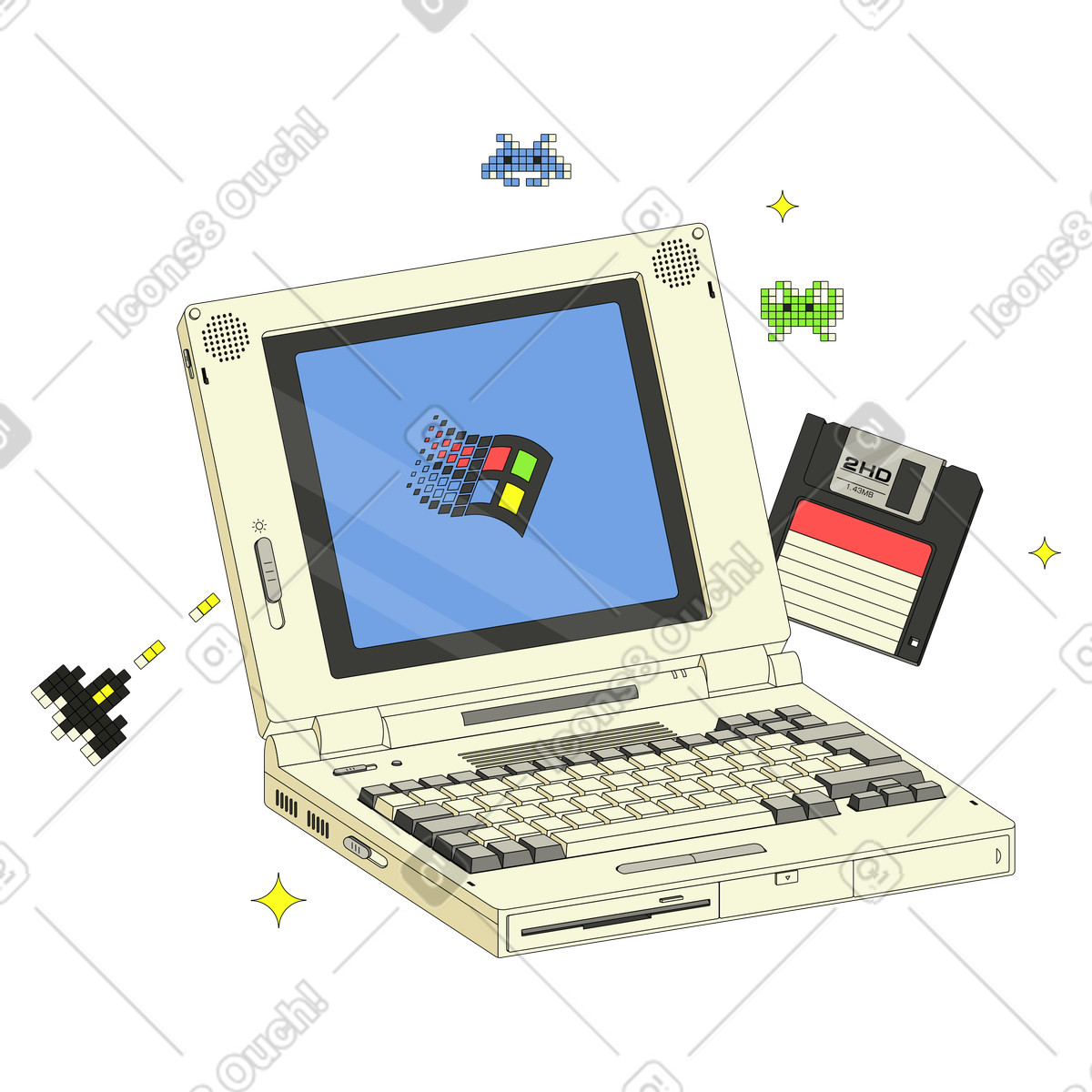 Retro スタイルの レトロなラップトップとフロッピーディスク のイラストをPNG、SVG形式でダウンロード