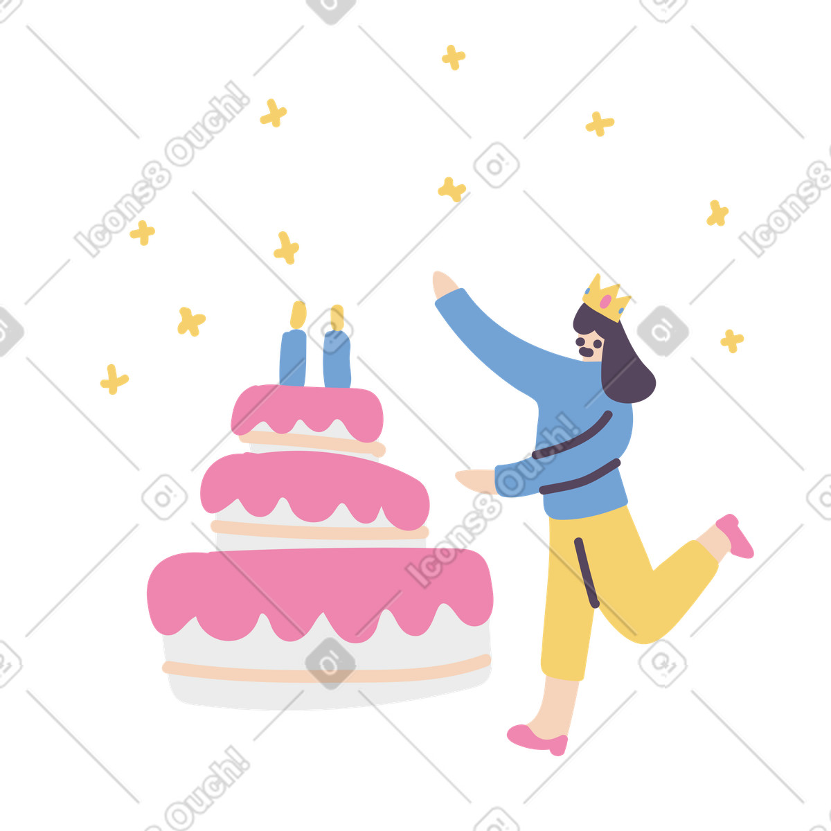 Ilustración Mujer feliz celebrando su cumpleaños con pastel en estilo Pluto a descargar en PNG y SVG