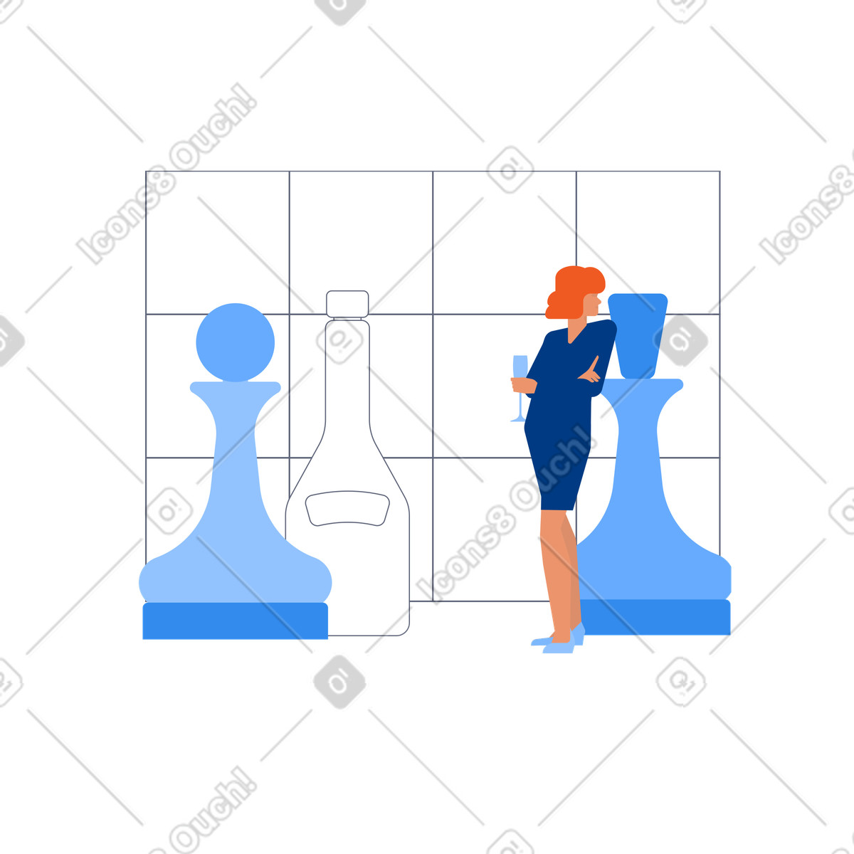 Woman standing near chess figures illustration in Urban style download in PNG, SVG