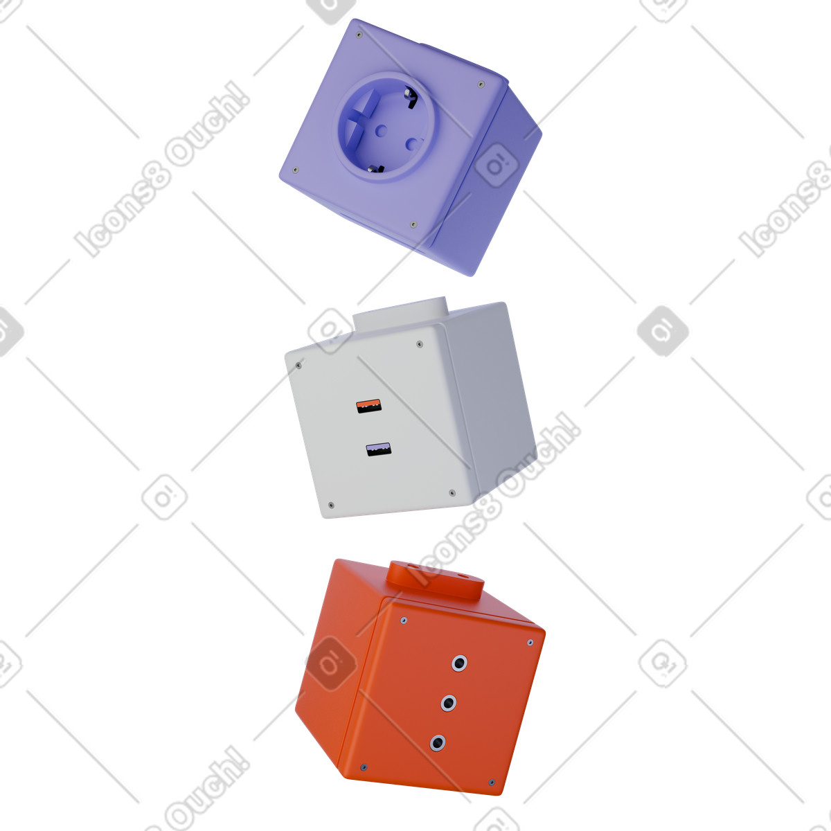 Purple, white and orange schuko power strip cubes, Extension socket blocks, Electrical outlet renders illustrazione in stile 3D Product scarica in PNG, SVG