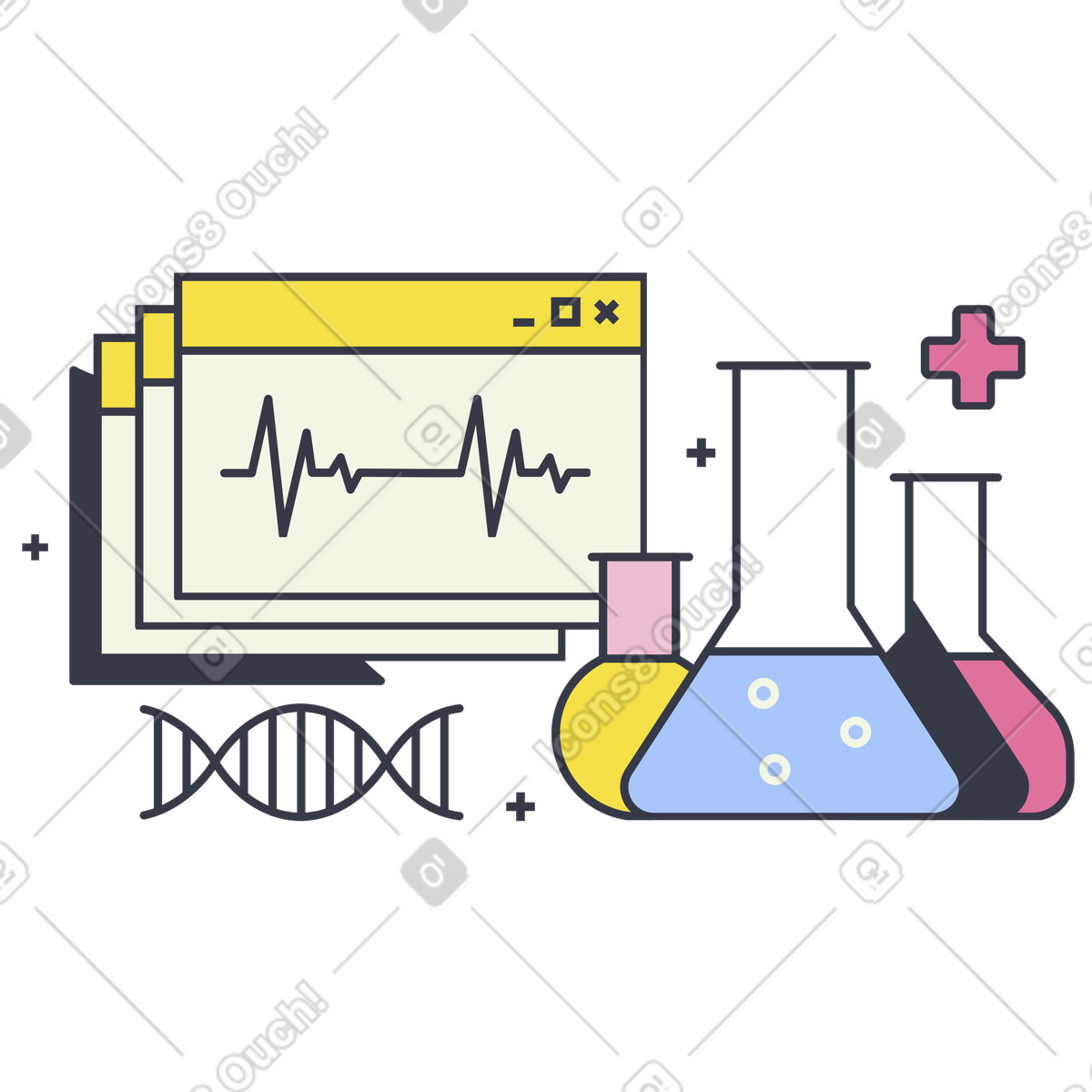 Flaschen und kardiogramm für die forschung in der biotechnologie-Illustration im Abstract-Stil als Download PNG, SVG