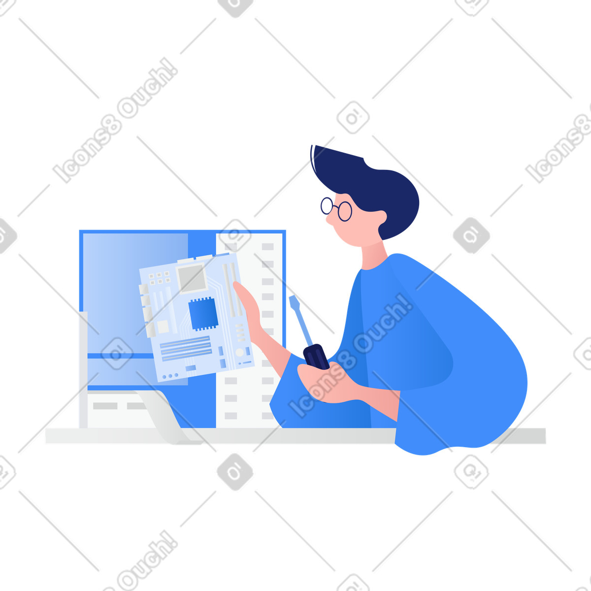 Illustration Technicien en réparation d'ordinateurs réparant du matériel aux formats PNG et SVG