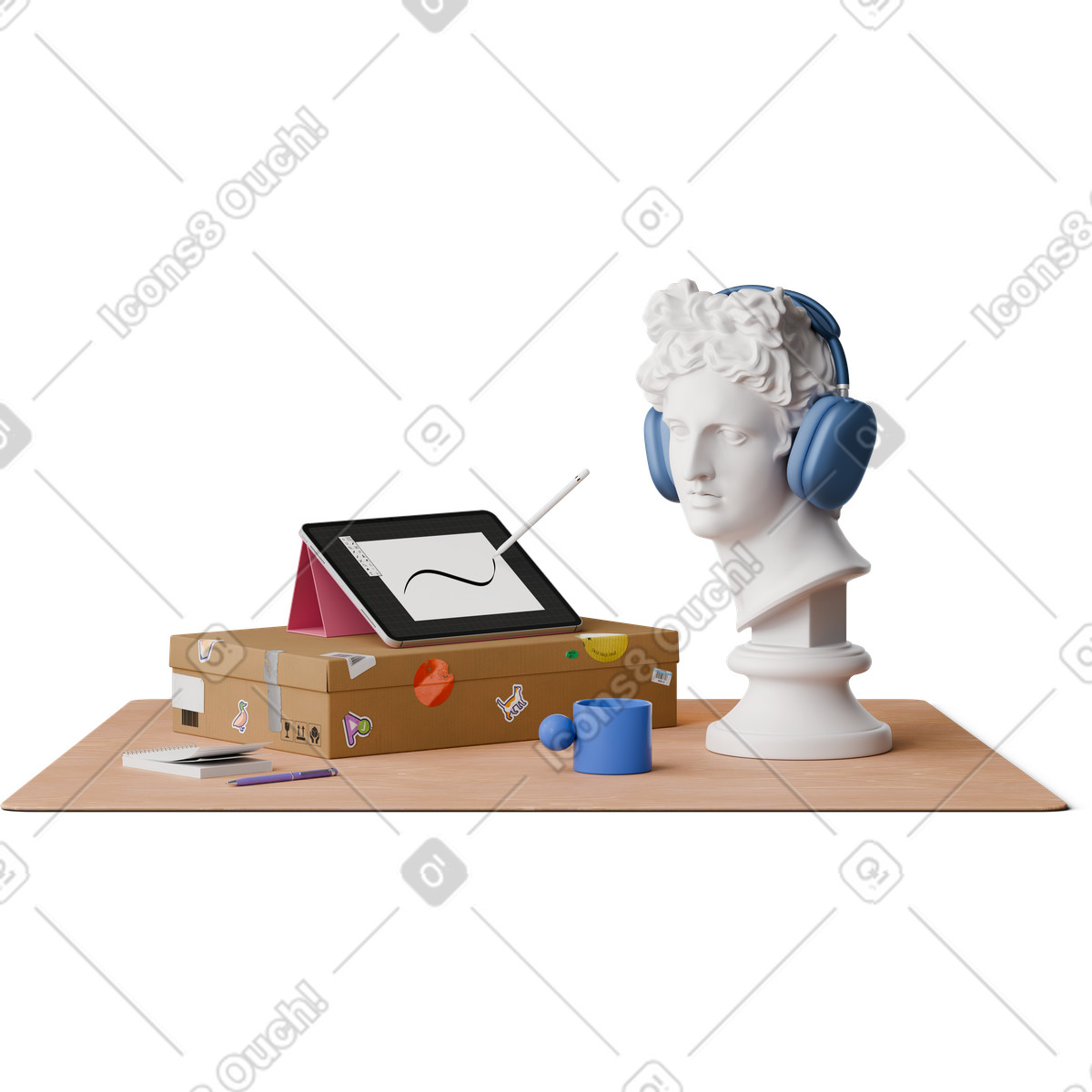 Ilustração de Front view of tablet on box with apollo head em PNG e SVG