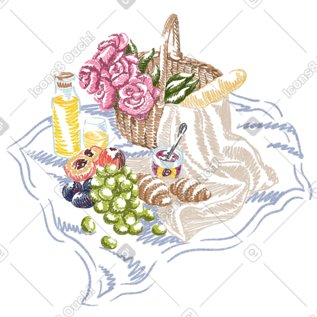 Ilustración Picnic basket and food on blanket en estilo Sketchbook a descargar en PNG y SVG