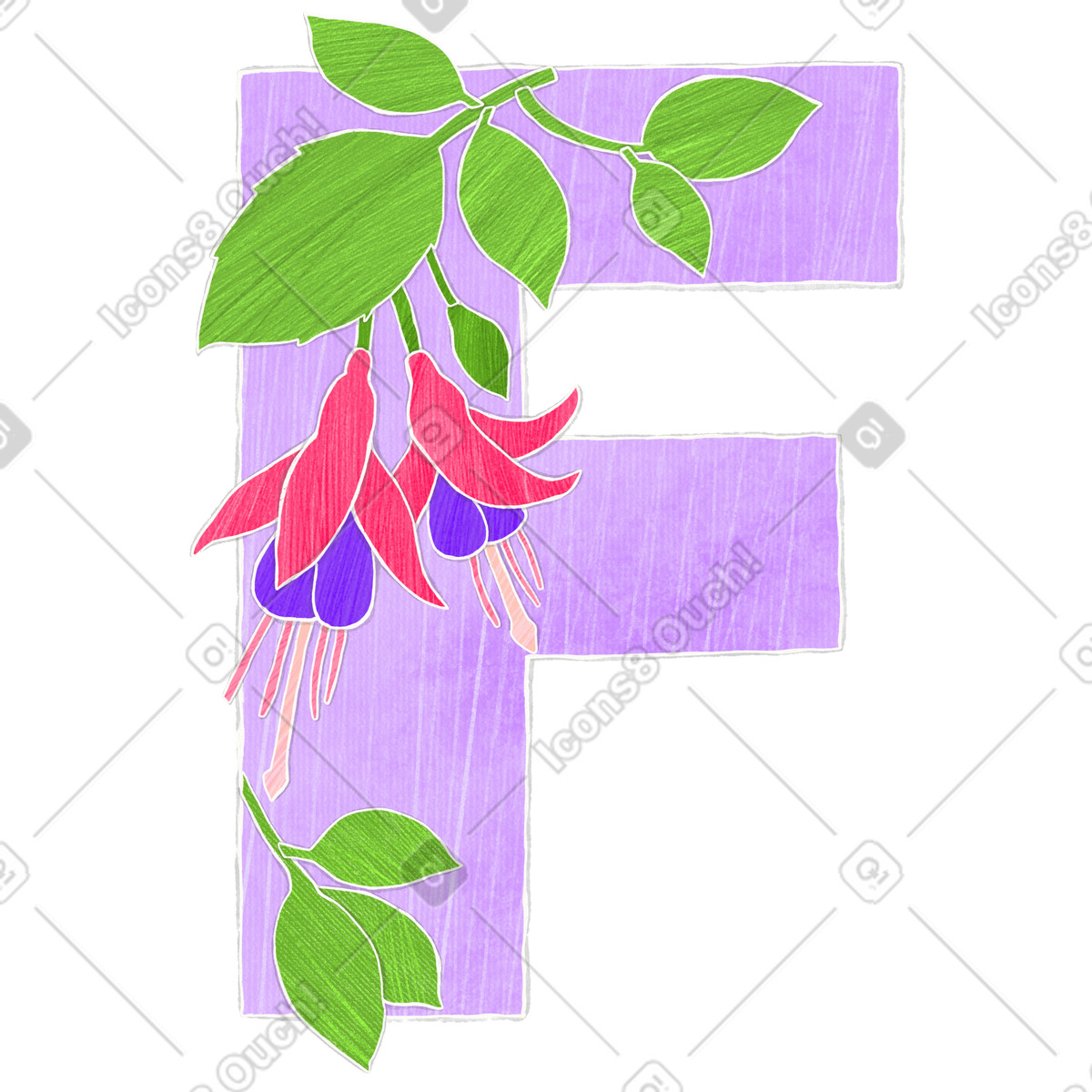 Ilustração de Lilac letter f with fuchsia flowers em no estilo Crafty para baixar em PNG, SVG