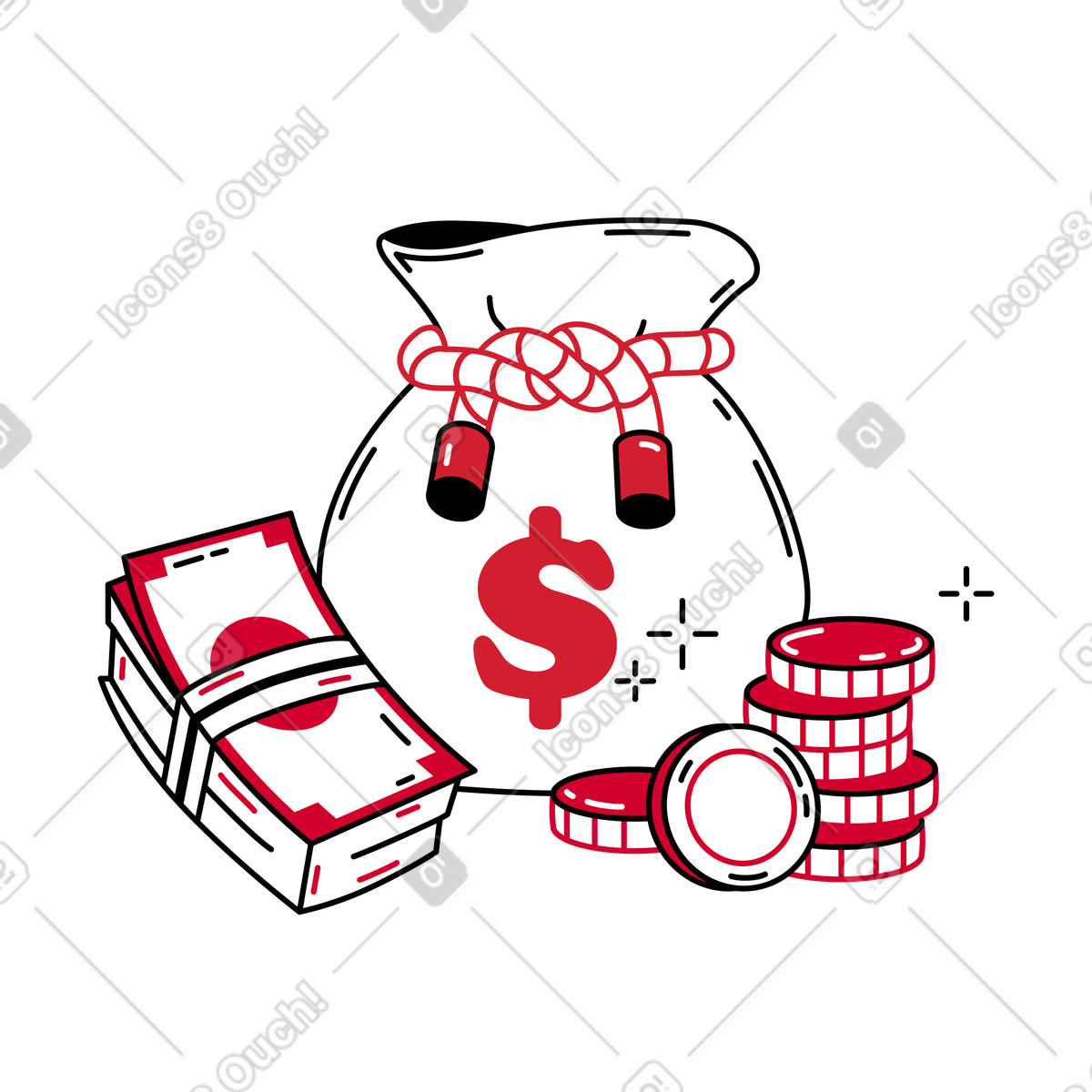 Money bag filled with cash illustration clipart for financial projects in PNG and SVG