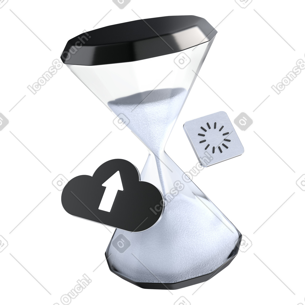 Ilustración Hourglass with cloud upload icon, file transfer loading and buffering state en estilo 3D Pro a descargar en PNG y SVG