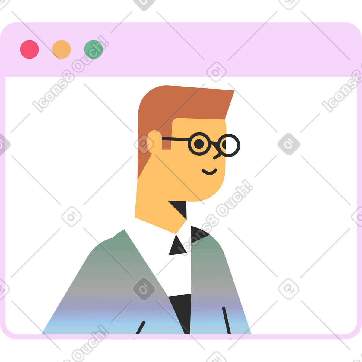 Ilustración Man with glasses in a browser window en estilo Marginalia descargar en PNG y SVG