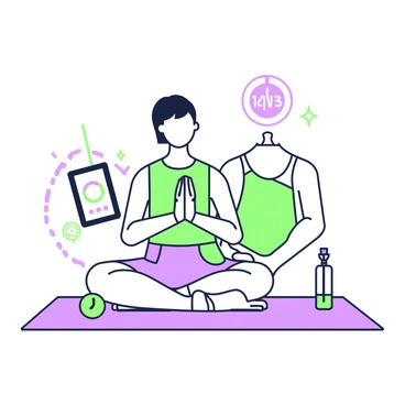 A character is sitting cross-legged on a yoga mat, attentively following a guided tutorial on a tablet. The device is placed on a small stand in front of them. The character has short hair and wears a comfortable, fitted athletic shirt and shorts. They have focused eyes on the screen, following the instructions while demonstrating proper technique. The environment is simple, with a water bottle nearby and a soft, ambient light illuminating the space. A small timer is also visible on the side, counting down the time remaining for the exercise.