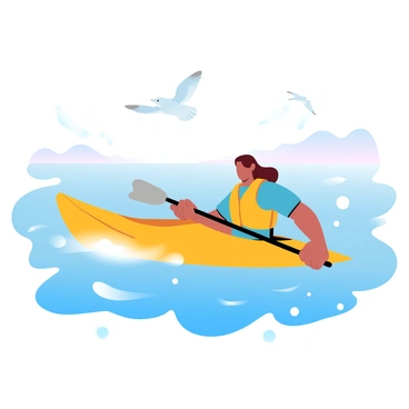 A person is kayaking in a clear blue ocean, surrounded by gently rippling water. The kayak is bright yellow, contrasting with the deep blue of the ocean. Sunlight gleams on the water's surface, creating sparkling reflections. In the background, there are distant, soft, rolling waves and a subtle gradient of colors forming a serene horizon. The person is wearing a life jacket and is paddling with determination, while a few seagulls fly overhead against a clear sky.