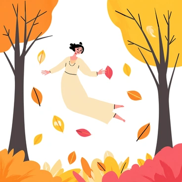 A gentle spirit with flowing, translucent features is floating among the trees in an autumn forest. The spirit has a soft glow, illuminating the surrounding area. Vibrant orange, red, and yellow leaves are falling from the branches, creating a colorful carpet on the forest floor. The spirit is delicately reaching out to the leaves, creating a sense of movement as they swirl around in the breeze. The tall trees have a mix of bare branches and colorful foliage, enhancing the autumn atmosphere.