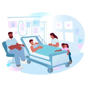 A family visiting a loved one receiving ECMO therapy in a hospital room