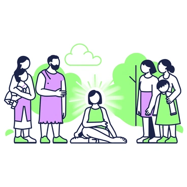 A scene depicts a miraculous healing taking place in a serene environment. In the center, a person sits on the ground, surrounded by a radiant glow, their expression peaceful as they receive the healing. Several onlookers stand in a circle around them, their faces filled with wonder and amazement. The onlookers include a man with a beard wearing a tunic, a woman with long hair, and a child holding a small toy. They all gaze intently at the center of the scene, capturing the moment with their expressions. In the background, there are trees and a clear sky, enhancing the atmosphere of the event.