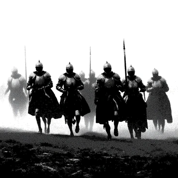 A group of ghostly knights is marching in formation across a foggy battlefield. Each knight is clad in spectral armor that appears to shimmer and fade into the mist. Their faces are obscured, adding to their ethereal presence. The ground is uneven, with patches of mud and grass peeking through the fog. The atmosphere is thick with mist, creating a sense of mystery and otherworldliness. Silhouettes of distant trees are barely visible in the background, further enhancing the eerie scene.