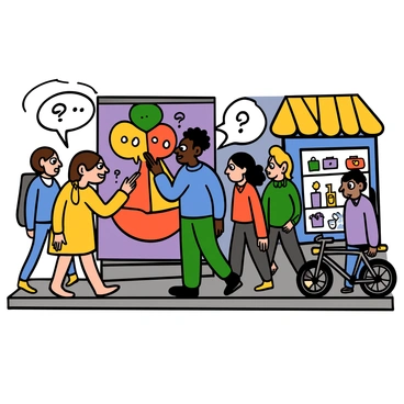 A group of diverse passersby stopping on a busy sidewalk to admire a colorful piece of street art. There are three people in the foreground: a light-skinned woman with big eyes and brown hair wearing a yellow dress, a dark-skinned man with big eyes and a blue shirt, and an Asian woman with big eyes and a purple jacket. They are pointing at the artwork, discussing its elements. In the background, there are more pedestrians walking, a bicycle parked nearby, and a shop window displaying various items. The atmosphere is lively with a city vibe.