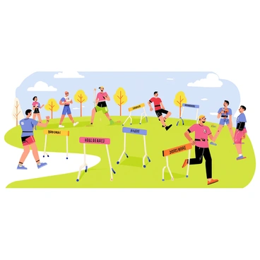 An obstacle course featuring a series of colorful hurdles. Each hurdle has labels written in various languages, showcasing different scripts and fonts. Several participants are depicted in motion, each wearing distinctive athletic gear, showcasing their determination as they attempt to navigate over and around the hurdles. The background includes a bright blue sky and a grassy field, adding a sense of energy to the scene. Some spectators are visible in the background, cheering on the participants.