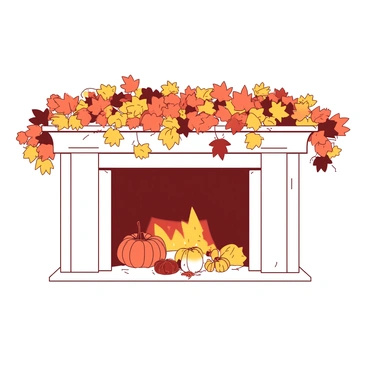 A white mantle is adorned with a vibrant display of autumn leaves in various shades of orange and yellow. Scattered among the leaves are several small orange pumpkins of different sizes, each one resting comfortably on the mantle. The leaves are artistically arranged, creating a natural blanket that enhances the cozy ambiance of the scene. A warm light source casts a soft glow over the mantle, highlighting the rich colors and textures of the leaves and pumpkins.