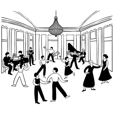 A grand ballroom with a sparkling chandelier hanging from the ceiling. The floor is polished and reflects the light, where elegantly dressed guests are gracefully dancing. A live orchestra is positioned at one end of the room, with musicians playing various instruments. Ornate decorations adorn the walls, with elaborate patterns and intricate details. Tables are set with fine linens and elegant centerpieces, adding to the opulence of the scene.