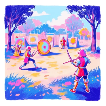 A training ground is set up with various targets and dummies strategically placed around the area. There are archery targets with colorful concentric circles, and wooden dummies clad in armor, standing ready to be struck. Several training weapons such as swords and bows are displayed nearby. In the background, a few trees provide shade, and the ground is covered in soft grass. The atmosphere conveys a sense of focus and determination as champions practice their skills, demonstrating precise movements and techniques.