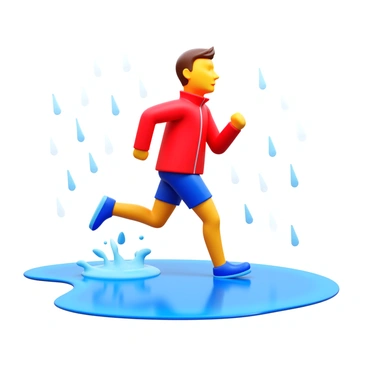 A runner wearing a bright red waterproof jacket is splashing through puddles on a rainy day. The scene captures the moment of impact as the runner’s shoes hit the water, sending droplets flying into the air. The puddles reflect the gray sky, while the runner's expression shows determination. Raindrops are visibly cascading down from above, creating a dynamic atmosphere. The runner's legs are mid-stride, emphasizing the energy of the movement.