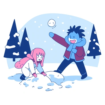 A blue Tanjiro with a bright smile is playfully throwing a snowball in a winter wonderland filled with soft, fluffy snow. His dark hair is slightly tousled, and he is wearing a warm brown winter jacket. In front of him, a pink Nezuko is giggling, crouched down as she gathers more snow to make her own snowball. She is dressed in a cozy white outfit, with her long hair cascading over her shoulders. Surrounding them are tall evergreen trees dusted with snow, and small snowflakes are gently falling from the gray sky.