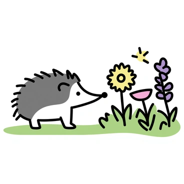 A small hedgehog with quills standing upright is wandering through a colorful meadow. The ground is dotted with various flowers, including yellow daisies, purple lavender, and red poppies. The hedgehog appears inquisitive, with its nose close to a flower. The sun casts gentle shadows on the vibrant scene, highlighting the lush green grass surrounding the flowers.