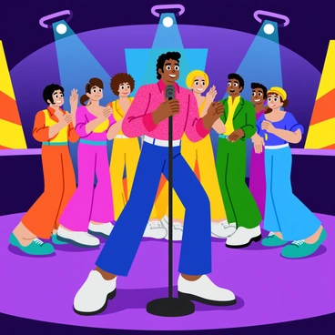 A young Michael Jackson with curly black hair is singing energetically on stage with The Jackson 5. He is wearing a colorful, sparkly outfit that catches the light. The group is positioned together, with other members wearing matching outfits in vibrant colors. The retro stage is adorned with bright lights and colorful banners in the background. A vintage microphone is in front of Michael, while the audience can be seen cheering with excitement. Spotlights are shining down on the performers, creating a lively atmosphere.