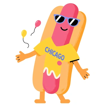 A playful cartoon character hot dog with a smiling face. The hot dog wears stylish sunglasses that reflect a sunny day. It is adorned with a colorful Chicago sports jersey featuring a bold logo and bright colors. The hot dog's bun is golden brown and slightly toasted, and it stands happily with its small arms and legs. In the background, there are floating balloons and a sunny sky, enhancing the cheerful atmosphere.