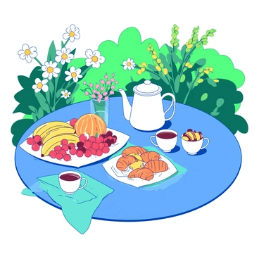 A blue garden table is set up for an al fresco breakfast in a lush green garden. On the table, there is a white coffee pot, accompanied by two matching white cups. A vibrant assortment of fruits, including orange slices, red berries, and yellow bananas, are artistically arranged on a white platter. Scattered around are flaky pastries, including croissants and danishes, displayed on a teal napkin. Delicate, blooming flowers in various shades surround the table, adding to the inviting atmosphere of the garden setting.