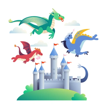 A group of three majestic dragons is soaring over a medieval castle. The first dragon has shimmering emerald scales, its wings outstretched wide as it glides gracefully in the sky. The second dragon, with deep crimson scales, breathes a small plume of fire as it flies slightly behind the first. The third dragon is a striking azure color, creating a beautiful contrast against the soft clouds. Below them, the medieval castle features towering stone walls and multiple battlements, with flags fluttering in the breeze atop the towers. The lush green landscape surrounds the castle, providing a vivid backdrop to the scene.
