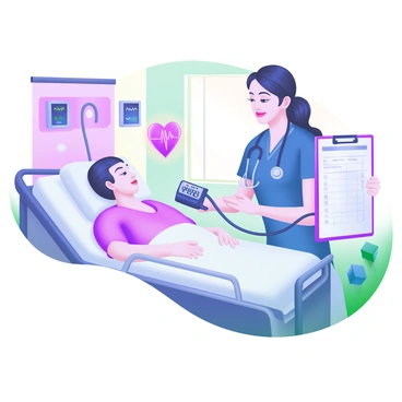 A modern pastel illustration of a nurse checking the vitals of a patient recovering from a myocardial infarction. The nurse, wearing scrubs, has a gentle expression as she attentively monitors a digital blood pressure monitor. The patient lies in a hospital bed, surrounded by medical equipment. There are heart monitors displaying rhythmic beats in the background. Soft light filters through the window, providing a warm atmosphere in the room. The walls are painted in calming pastel colors. A stethoscope hangs around the nurse's neck, and a chart with vital signs is visible on a clipboard nearby.