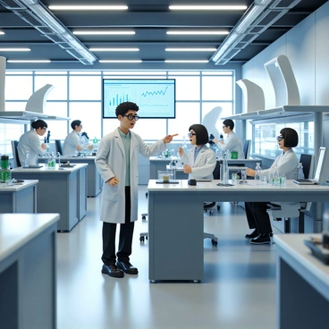 A scientist with short, curly hair and glasses is wearing a white lab coat, standing confidently at a central workstation. The laboratory is filled with high-tech equipment, including a large computer display showing complex data, various glassware, and futuristic devices scattered across the benches. The scientist is pointing at a digital screen with graphs, while three team members, dressed in similar lab coats, are focused on their tasks in the background. Bright overhead lights illuminate the space, reflecting off polished metal surfaces and glass, creating a high-tech atmosphere.