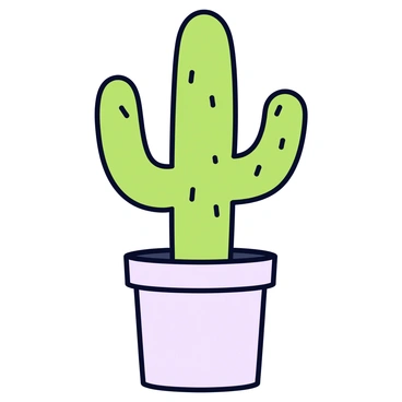 A potted cactus with a tall, vertical shape and several upward-reaching arms. The cactus is depicted with bold black outlines, emphasizing its features. The pot is round and simple, colored in a light shade. The background is plain and uncluttered, allowing the cactus to stand out prominently.