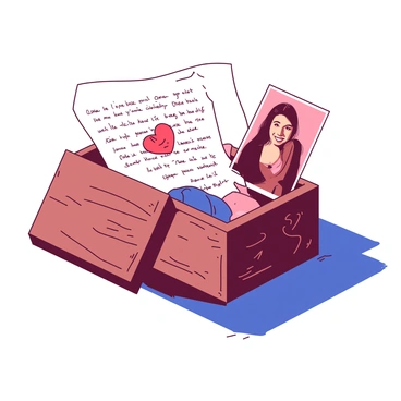 A small wooden box with intricate carvings is filled with various keepsakes from a past relationship. The box is slightly open, revealing items such as a folded love letter with delicate handwriting, a small red heart-shaped pendant, and a faded photograph of two smiling faces. Soft light shines down from above, creating gentle shadows and illuminating the contents of the box. The surface beneath the box is a deep blue, contrasting with the warm tones of the keepsakes.