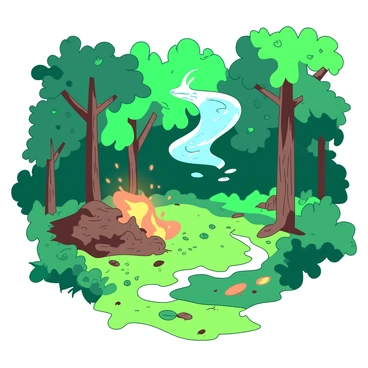 A lush grove filled with vibrant greenery and tall trees. In one corner, there is an earthy brown spirit emerging from the ground, surrounded by rich soil and small plants. In another corner, a translucent blue spirit floats gently in the air, sparkling like water in sunlight. A lively orange spirit dances with flickers of flame, illuminated against the backdrop of the grove. Lastly, a wispy white spirit swirls around, representing the air, moving gracefully among the leaves. Each spirit reflects the essence of its element, creating a harmonious atmosphere in the grove.