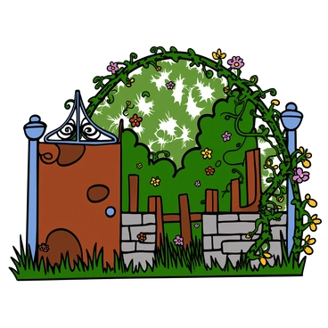 A rusted gate with intricate designs stands slightly ajar, its metal surface covered in patches of orange and brown rust. The gate is surrounded by tall grass and wildflowers, hinting at neglect over time. Beyond the gate lies an overgrown garden, filled with tangled green vines that climb over broken stone walls and old wooden fences. Some of the vines are adorned with vibrant flowers in shades of purple and yellow. The scene conveys a sense of nature reclaiming the space, with dappled sunlight filtering through the leaves above, casting playful shadows on the ground.