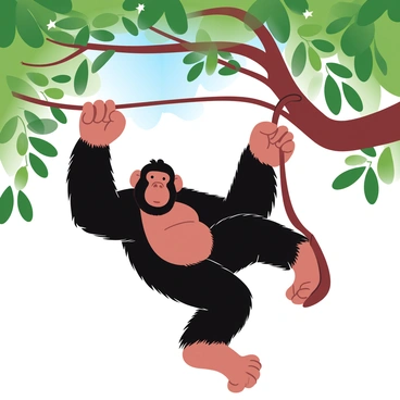 A chimpanzee is swinging playfully from branch to branch in a lush treetop. The chimpanzee has a fluffy fur coat that glistens in the light, showcasing shades of brown and black. Surrounding the chimpanzee are vibrant green leaves that create a rich canopy. Sunlight filters through the foliage, casting soft, dappled light on the scene. The branches are sturdy and intertwined, adding depth to the treetop environment. The background features hints of a clear blue sky peeking through the leaves.