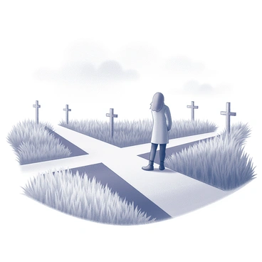 A figure stands at a crossroads. The person is looking contemplatively at multiple paths that diverge in different directions. Each path is lined with tall grass, and at the end of each trail, there is a distinct cross, symbolizing various choices or destinies. The scene is set under a cloudy sky, creating a dramatic atmosphere that enhances the sense of decision-making. The figure's posture suggests a moment of reflection as they weigh their options at this significant junction.