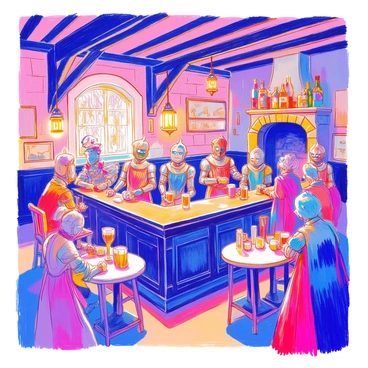 A traditional pub with robot bartenders serving drinks to patrons in medieval attire.