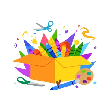 Art supplies coming to life from an illustration box, dancing and creating a colorful mess around them.