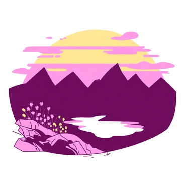 A mountain range is silhouetted against the skyline at sunrise. The peaks are sharp and rugged, casting long shadows on the valleys below. The sky is divided into bands of color, with "yellow" and "pink" hues radiating outward from the horizon. Soft clouds drift lazily, catching the light and reflecting the "yellow" and "pink" tones. The foreground features a rocky outcrop where wildflowers are blooming, adding splashes of color to the scene. A calm lake rests at the base of the mountains, mirroring the vibrant sky.