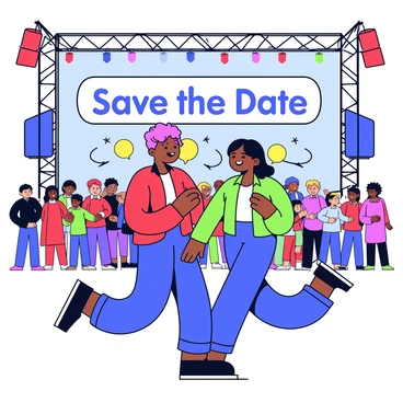 A couple is dancing together at a music festival. The couple is smiling and joyfully moving in harmony to the music. Colorful lights are illuminating the scene with vibrant reds, blues, and greens creating a festive atmosphere. In the background, there is a large banner with the words "Save the Date" displayed prominently. The setting includes a lively crowd enjoying the festival around them.