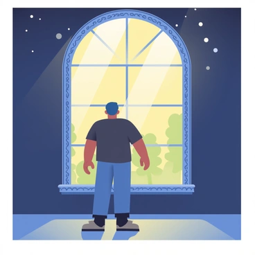 A silhouette of a person is standing near a large glowing window at night. The window is filled with warm light, creating a contrast against the dark surroundings. The person has a neutral posture, with arms relaxed at their sides. The window frame is detailed with ornate designs, and the glow casts soft shadows on the floor. Outside the window, a faint outline of trees is visible against the night sky dotted with stars.