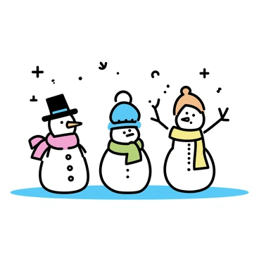 A group of three snowmen standing on a snowy ground, each featuring unique accessories. The first snowman has a red scarf and a black top hat, with button eyes and a carrot nose. The second snowman is dressed with a blue beanie and a green knitted scarf, sporting a smile made of small pebbles. The third snowman is adorned with a yellow scarf and an orange beanie, with a twig for a smile and berries for eyes. Snowflakes are gently falling from the sky, adding to the winter scene.