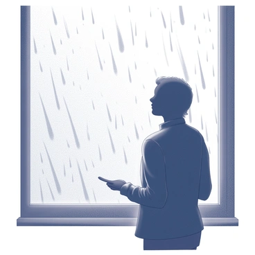 A silhouette of a person standing next to a window. The figure is depicted in profile, gazing outside. The window is covered with streaks of water, creating a pattern that suggests rain has been falling heavily. The contours of the person's form are clearly defined against the backdrop of the window, while the outlines of raindrops are visible, adding to the scene's narrative of a rainy day.