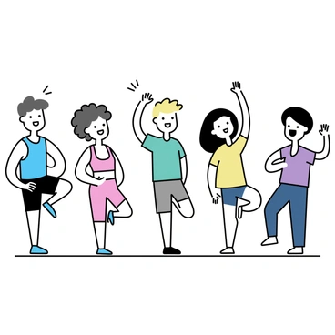 A group of five people from different cultures standing in a row, each performing leg raises. On the left, a man with dark hair, wearing a blue tank top and black shorts, is raising his right leg. Next to him, a woman with curly brown hair, wearing a red sports bra and matching leggings, is lifting her left leg. In the middle, a man with light skin and short blonde hair, dressed in a green t-shirt and grey shorts, is raising both legs. On the right, a woman with long black hair, wearing a purple outfit, is lifting her right leg alongside an older man with a beard, wearing a yellow t-shirt and navy pants, who raises his left leg. They are all smiling and appear to be encouraging each other.