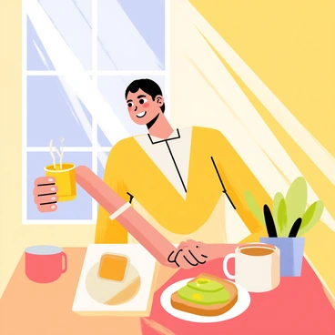 A bright morning scene featuring a person sitting at a wooden table near a sunny window. The person is smiling while holding a small glass of golden fire cider. Sunlight streams through the window, casting warm light onto the table and highlighting a potted plant beside them. There is a plate of toast with avocado on the table, and a steaming mug of tea rests next to the glass. The background shows a clear blue sky visible through the window, enhancing the feeling of a fresh, new day.